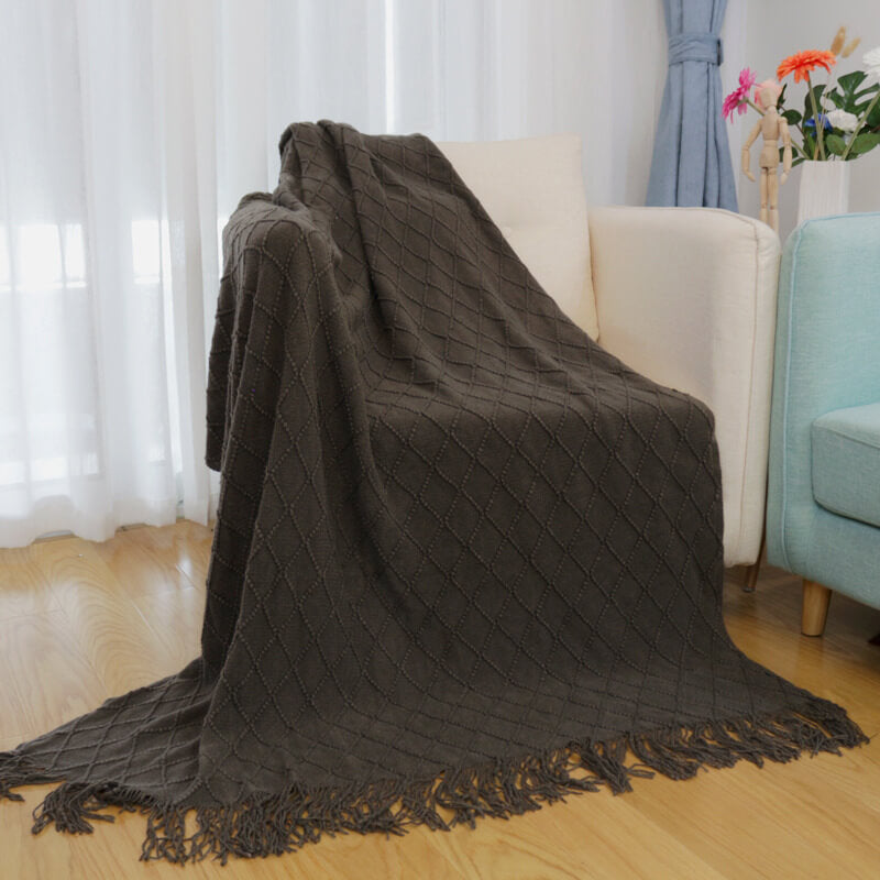 Knitted Sofa Throw Blanket - Geometric Design with Tassels