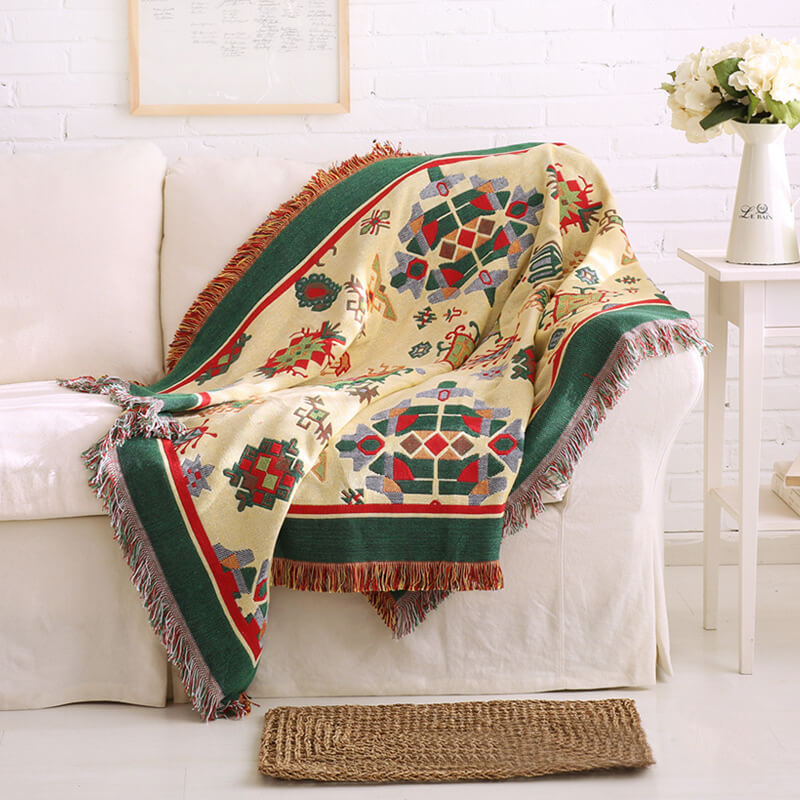 Bohemian Knitted Throw Blanket - Reversible Tassel Design