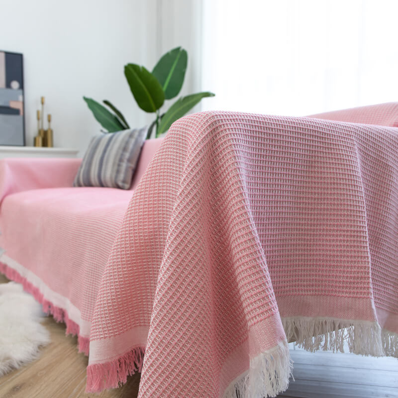 Knitted Sofa Throw - Lightweight Cotton Waffle Weave Blanket