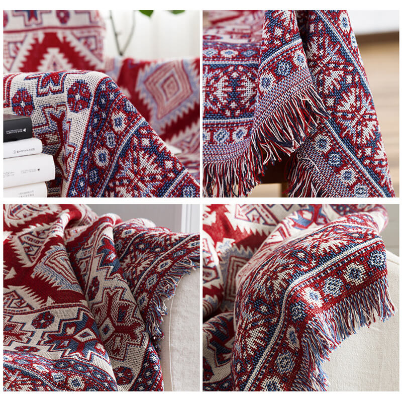 Bohemian Knitted Throw Blanket - Reversible Tassel Design