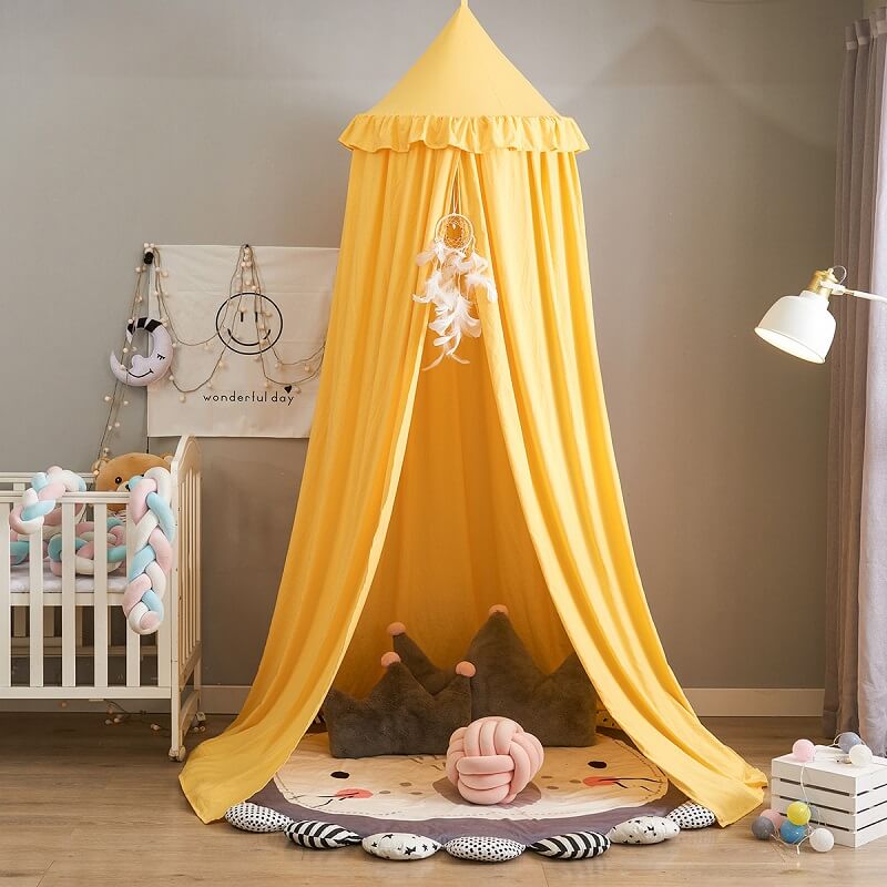 Kids Bed Canopy - Organic Cotton Muslin Round Dome with Frills
