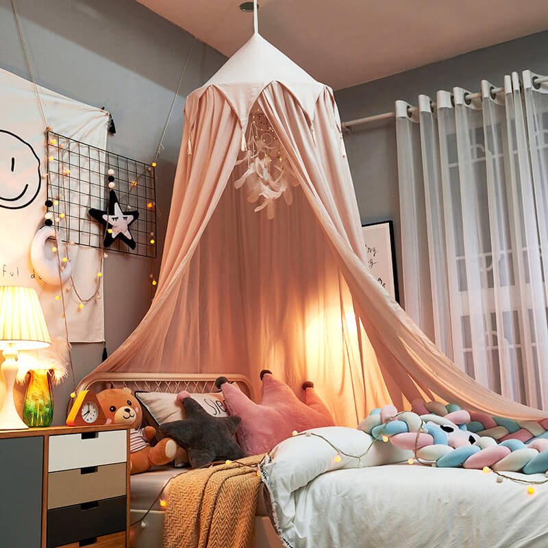 Kids Bed Canopy - Organic Cotton Muslin Round Dome with Frills