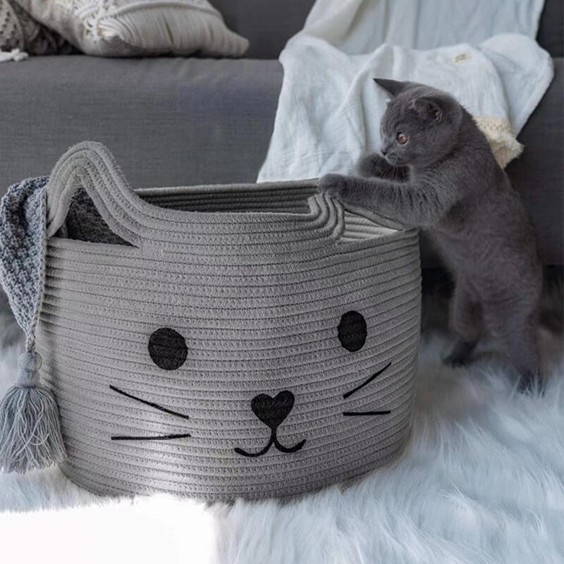 Cat Face Storage Basket - Cotton Rope Toy Basket