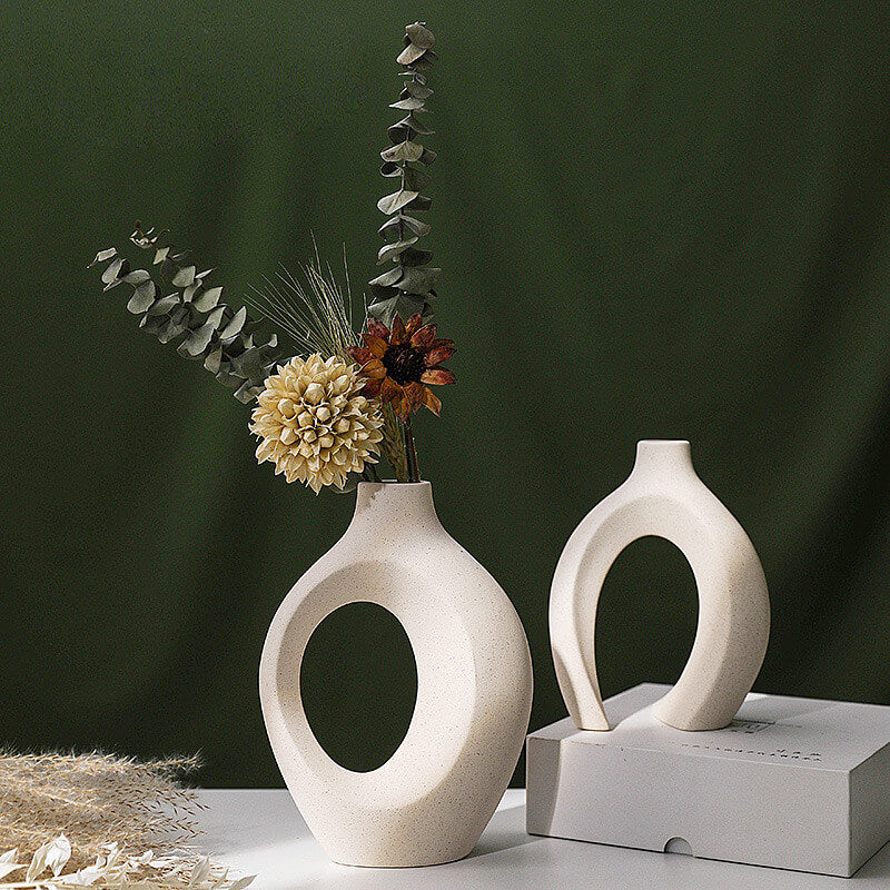 White Ceramic Vases - Decorative Sculptural Set of 2