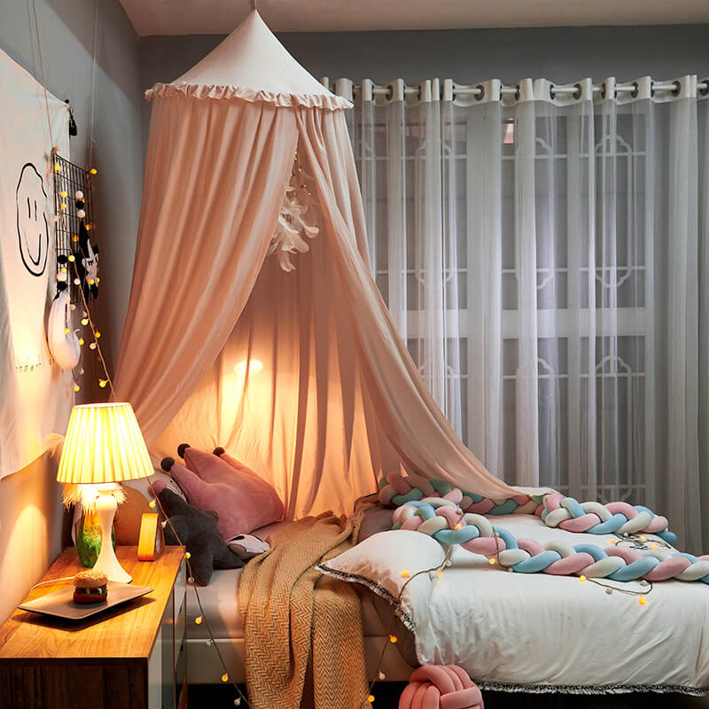 Kids Bed Canopy - Organic Cotton Muslin Round Dome with Frills