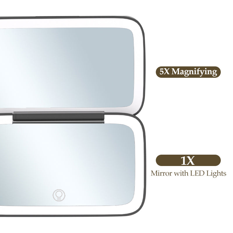 Travel Makeup Mirror - 1X/5X Double-Sided LED with 3 Light Tones