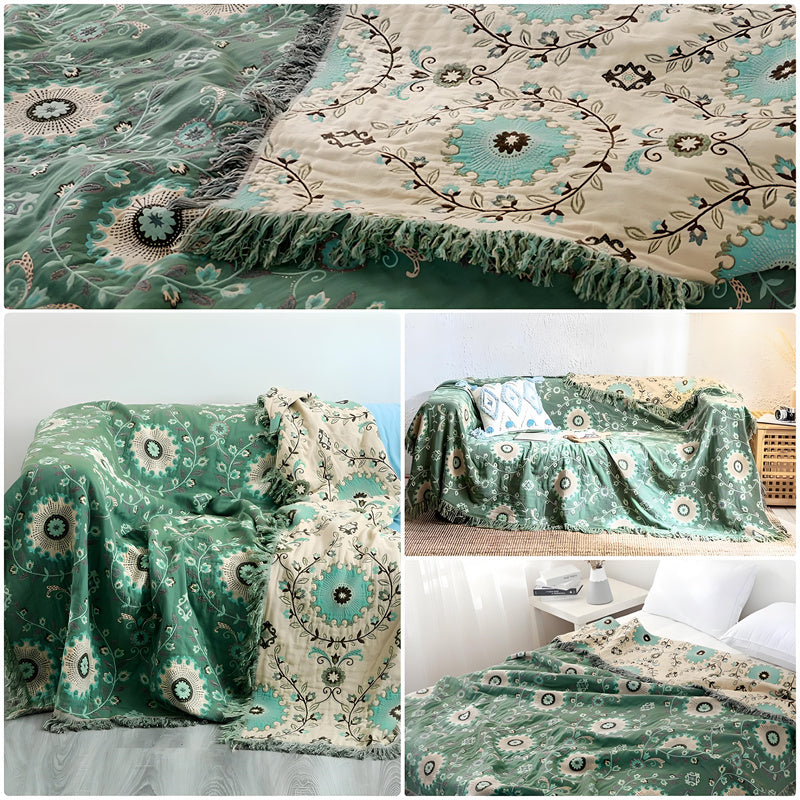 Reversible Cotton Gauze Blanket - Floral Boho Design with Tassels