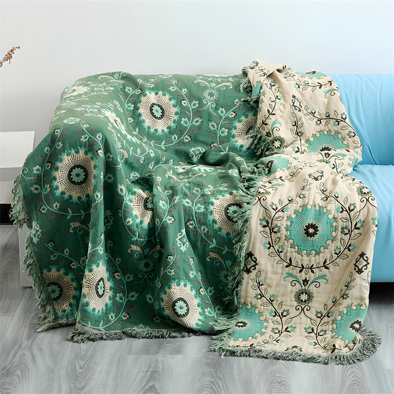 Reversible Cotton Gauze Blanket - Floral Boho Design with Tassels