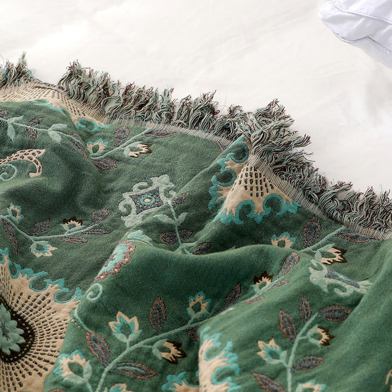 Reversible Cotton Gauze Blanket - Floral Boho Design with Tassels