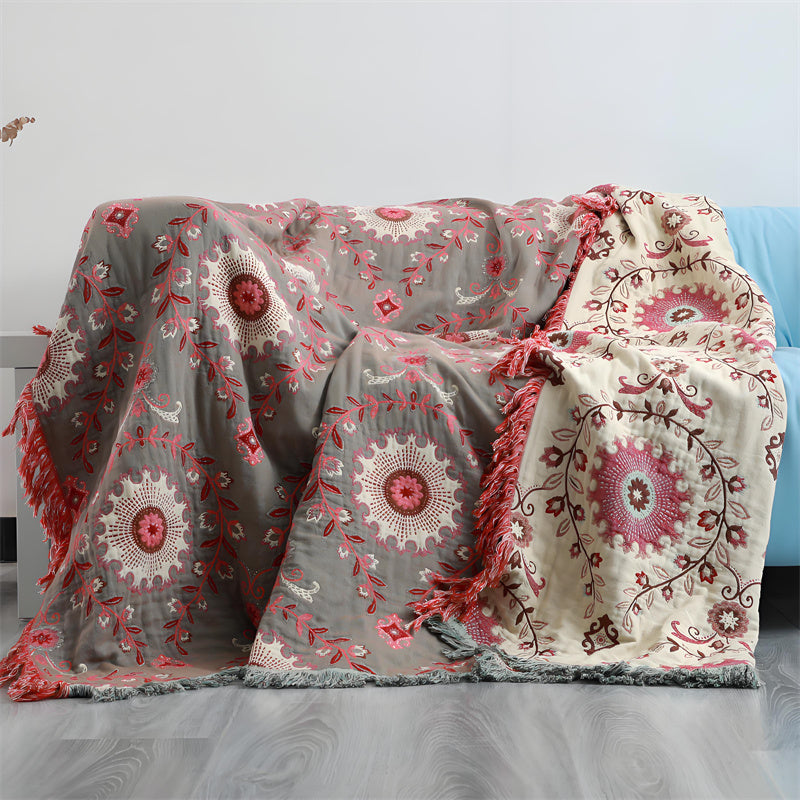 Reversible Cotton Gauze Blanket - Floral Boho Design with Tassels