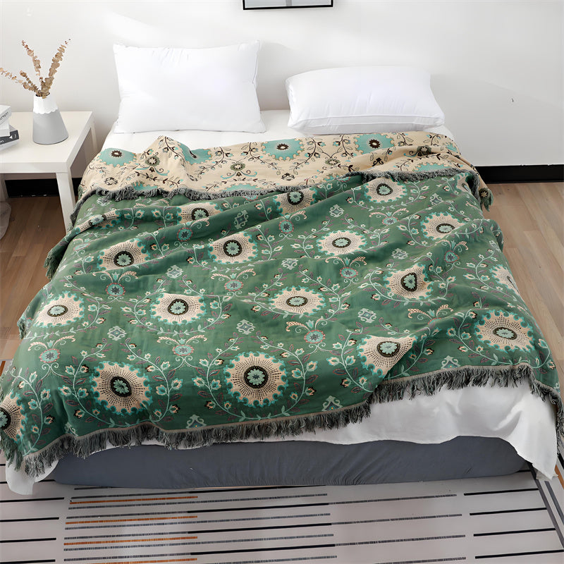 Reversible Cotton Gauze Blanket - Floral Boho Design with Tassels