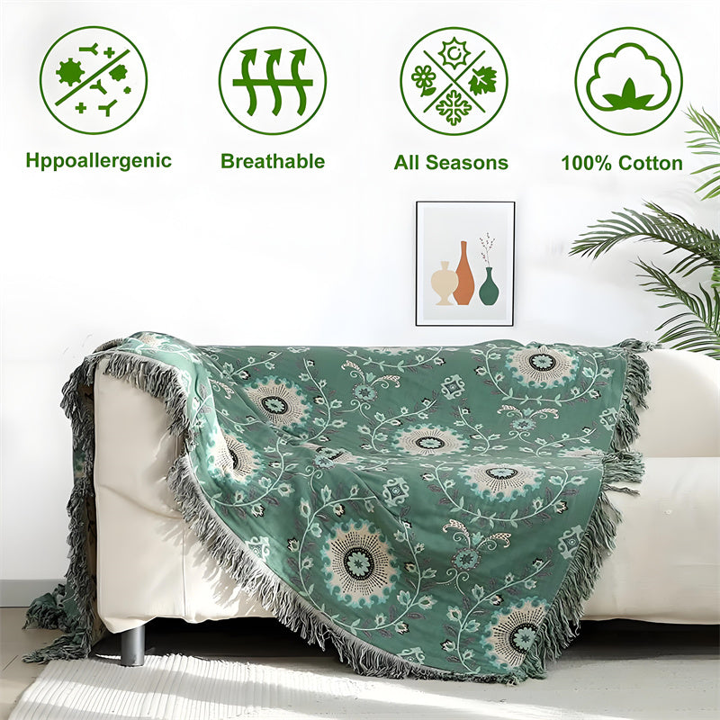 Reversible Cotton Gauze Blanket - Floral Boho Design with Tassels
