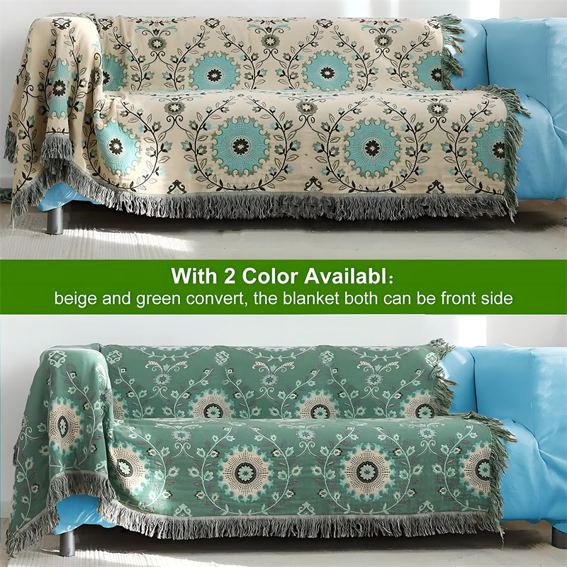 Reversible Cotton Gauze Blanket - Floral Boho Design with Tassels