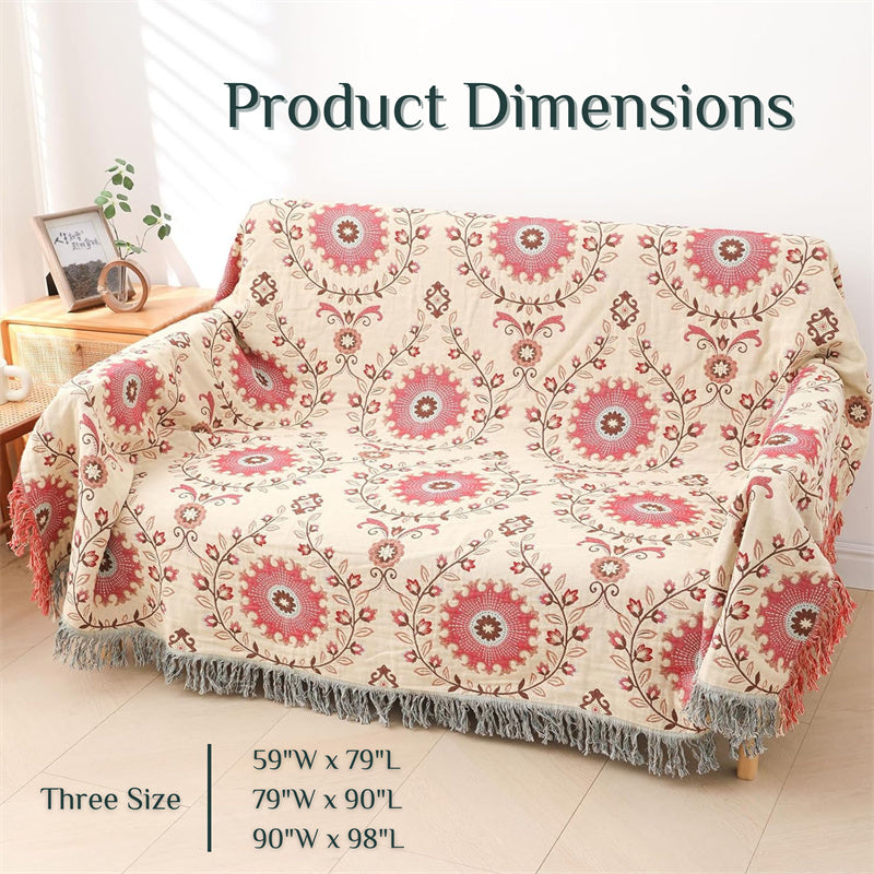 Reversible Cotton Gauze Blanket - Floral Boho Design with Tassels