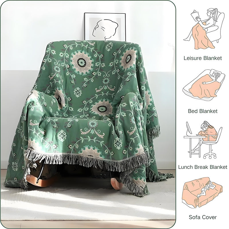 Reversible Cotton Gauze Blanket - Floral Boho Design with Tassels