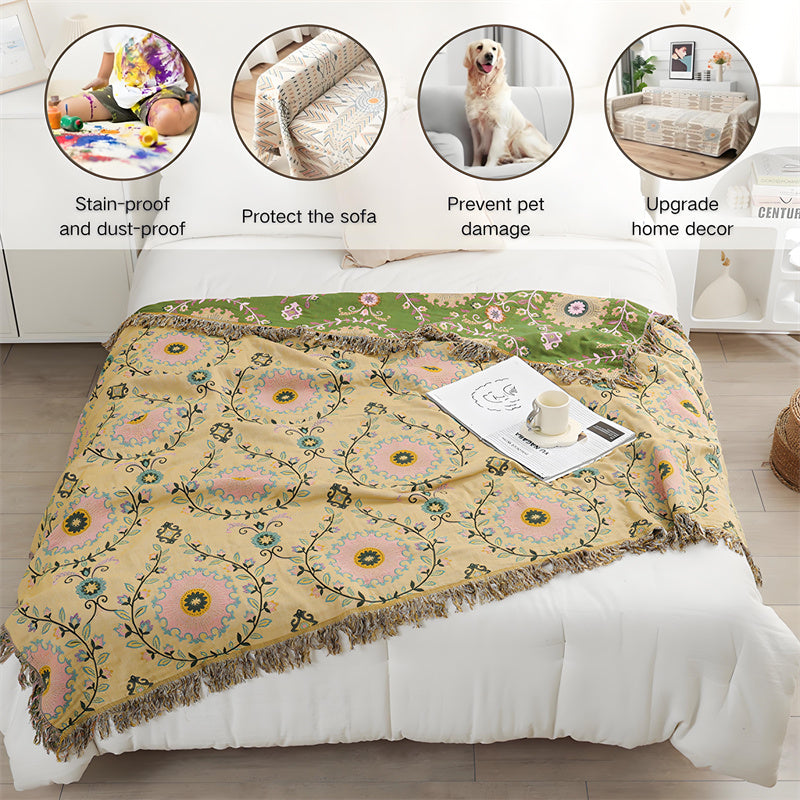 Reversible Cotton Gauze Blanket - Floral Boho Design with Tassels