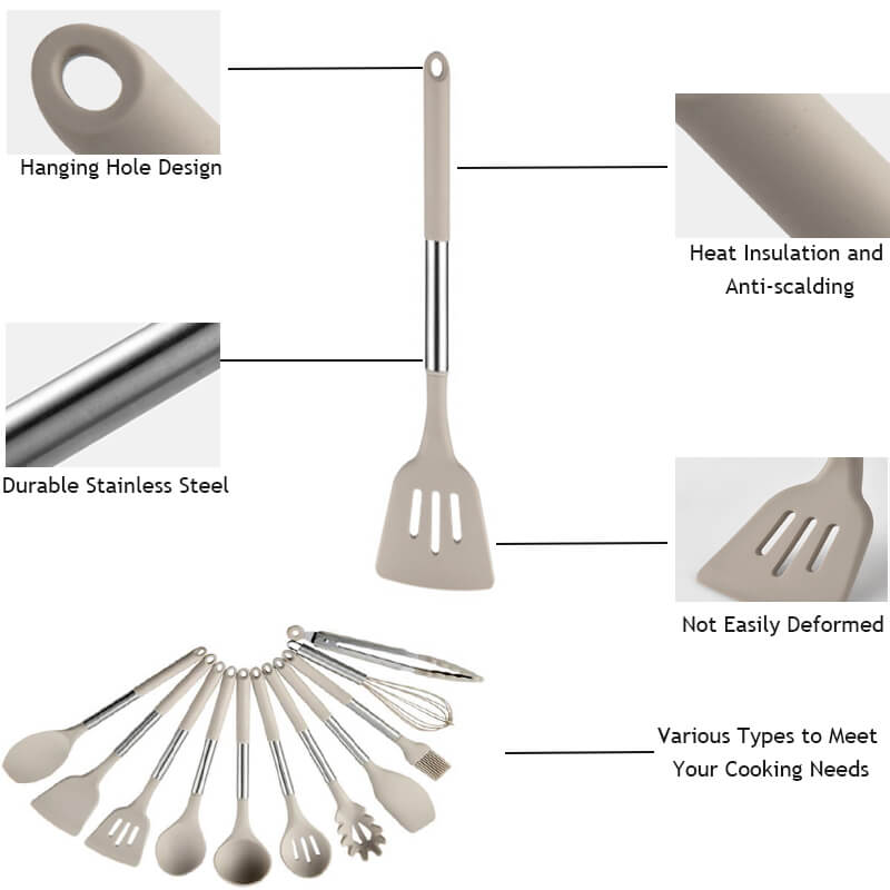 Silicone Kitchen Utensil Set - 12-Piece with Stainless Steel Handles